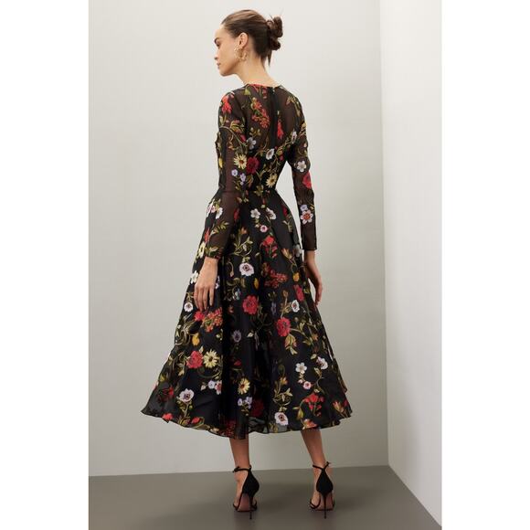 OSCAR DE LA RENTA Black Floral Hand Embroidered Tulle Beaded Midi Dress Size 6 - Picture 4 of 13